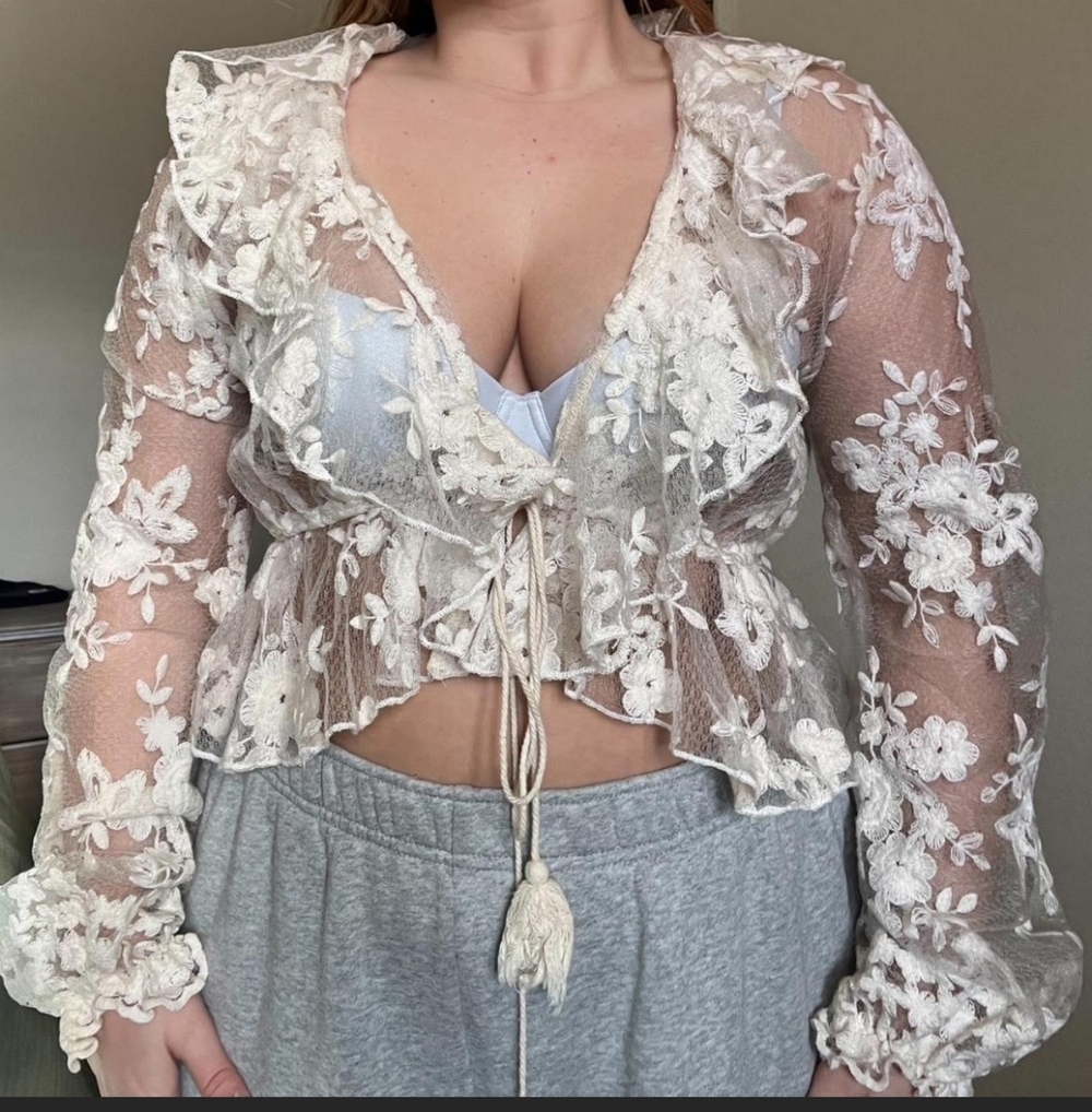 Floral Lace Sheer Top with Ruffle Details